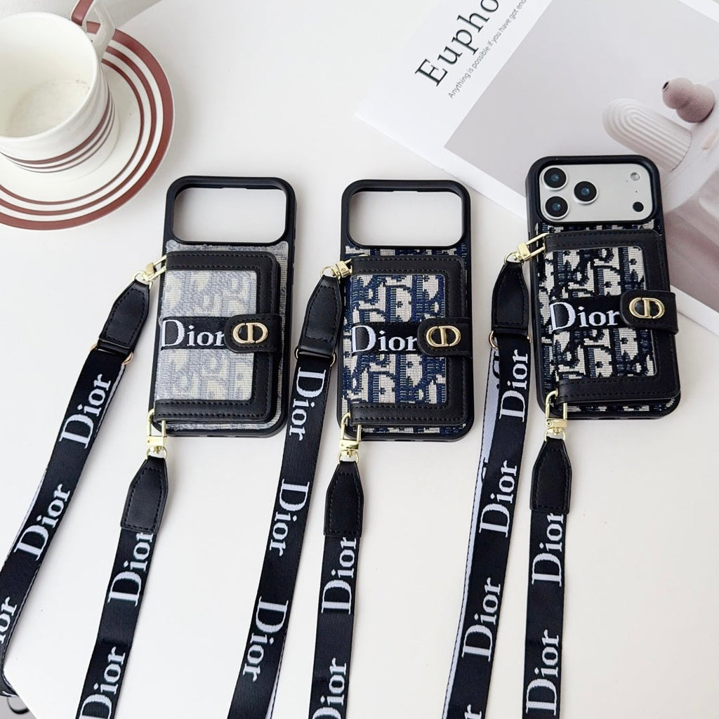 Dior Leather Phone Case With Card Wallet And Strap For iPhone 17 / 16 / 15 / 14