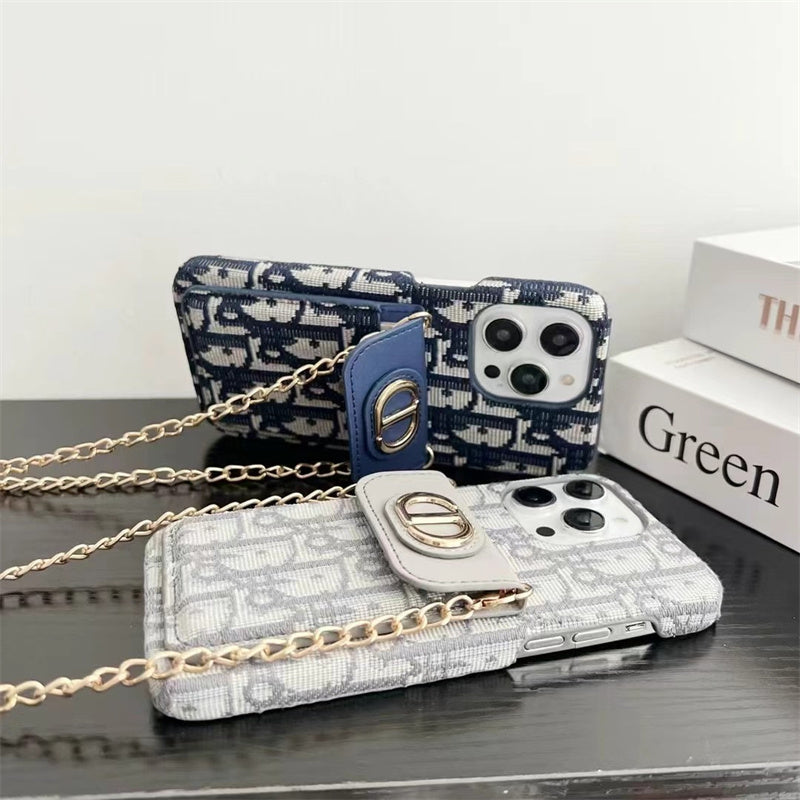 Dior Luxury iPhone Case with Chain, Card Slot, and Metal Logo